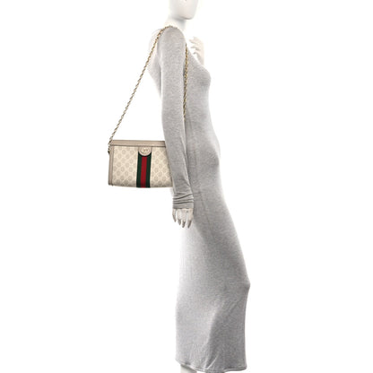 GG Supreme Monogram Textured Dollar Calfskin Web Small Ophidia Chain Shoulder Bag Beige Mystic White Oatmeal