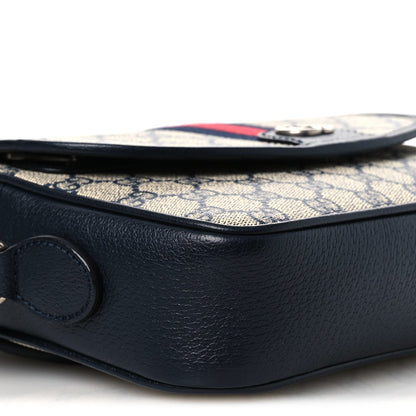 GG Supreme Monogram Textured Dollar Calfskin Web Studded Mini Ophidia Flap Shoulder Bag Beige Blue