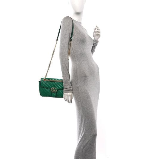Azalea Calfskin Enamel Matelasse Diagonal Small Torchon GG Marmont Shoulder Bag New Shamarock Emerald