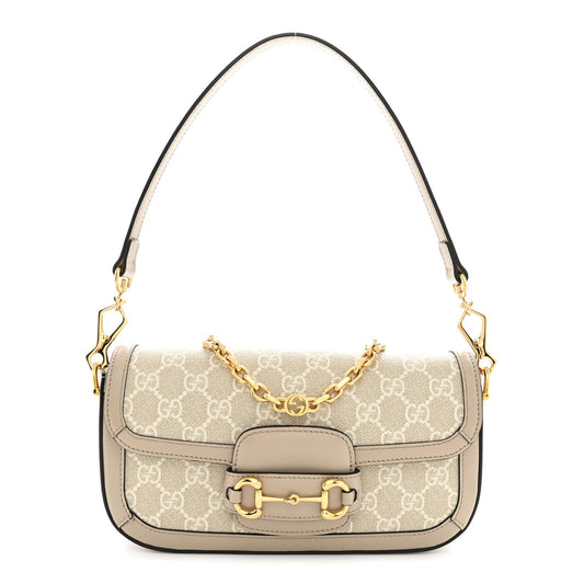 GG Supreme Monogram Small Horsebit 1955 Chain Shoulder Bag Beige Mystic White