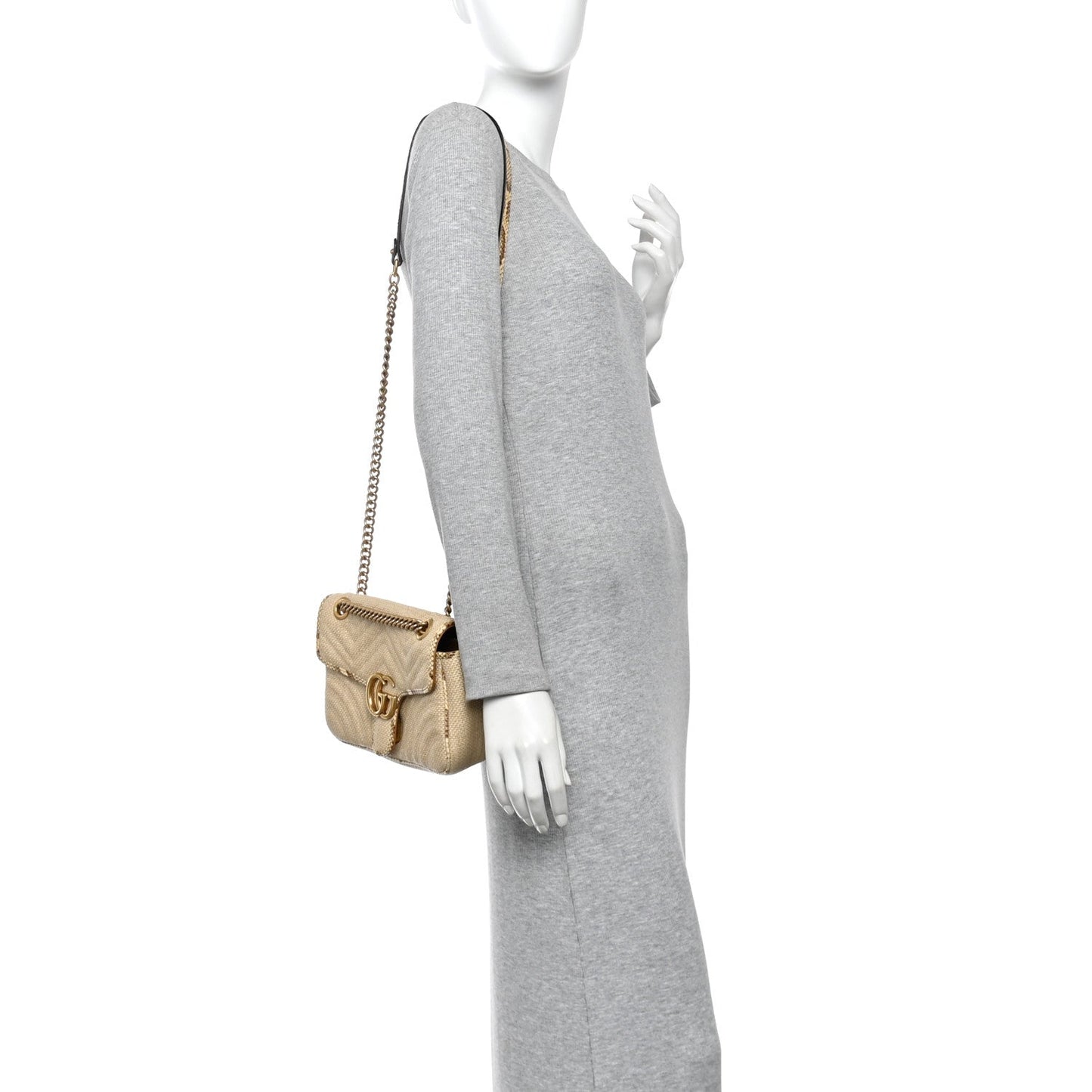 Raffia Elaphe Matelasse Small GG Marmont Shoulder Bag Natural Cream Brown