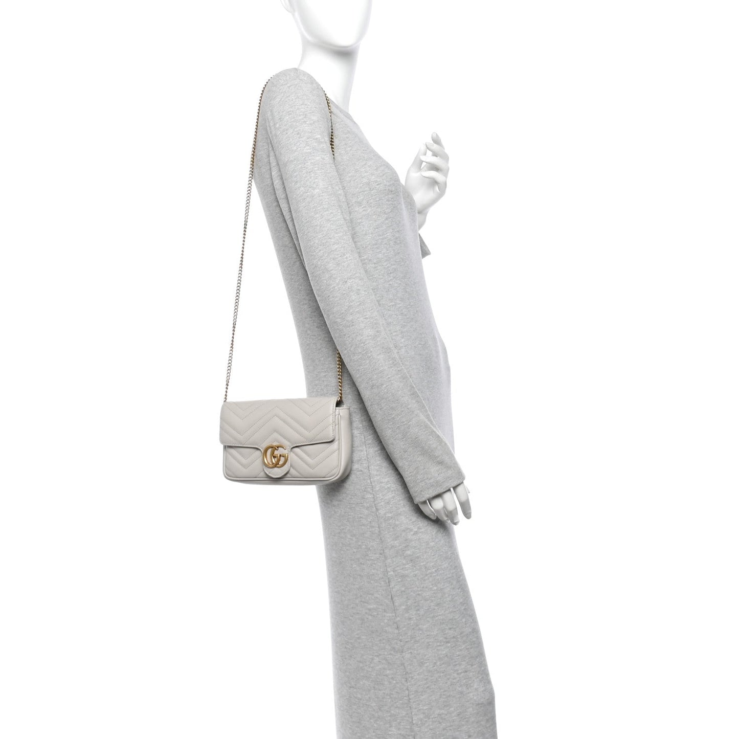 Calfskin Matelasse Mini GG Marmont Shoulder Bag With Card Holder Light Grey Salvy Green