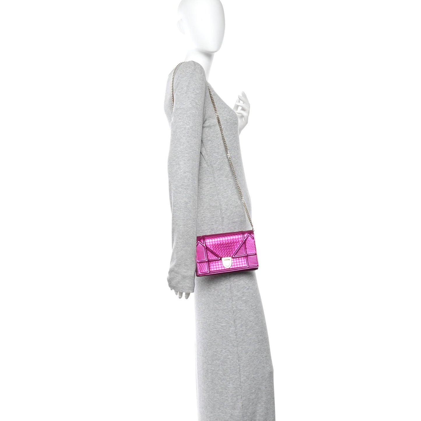 Metallic Patent Micro-Cannage Diorama Wallet on Chain Pouch Pink