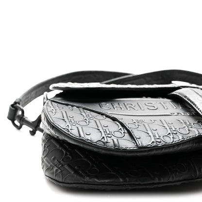 Calfskin Embossed Oblique Saddle Bag With Strap Black