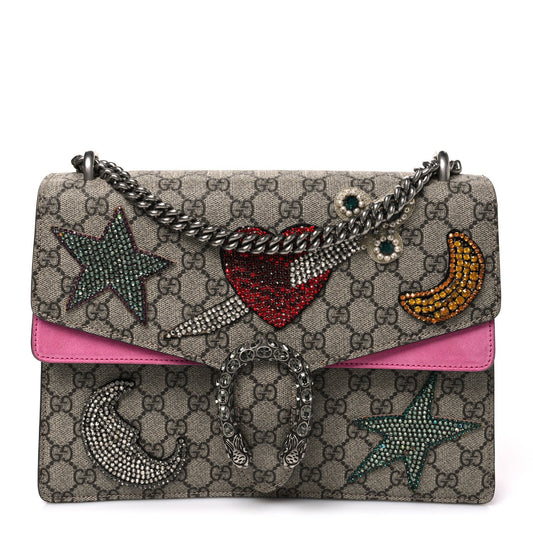 GG Supreme Monogram Suede Pierced Heart Embroidered Medium Dionysus Shoulder Bag Beige Ebony Pink Tropical Flower