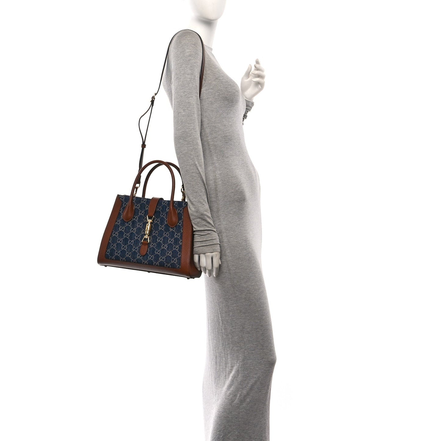 New Denim GG Monogram Dollar Calfskin Medium Jackie 1961 Tote Blue Tea Cuir Epilog