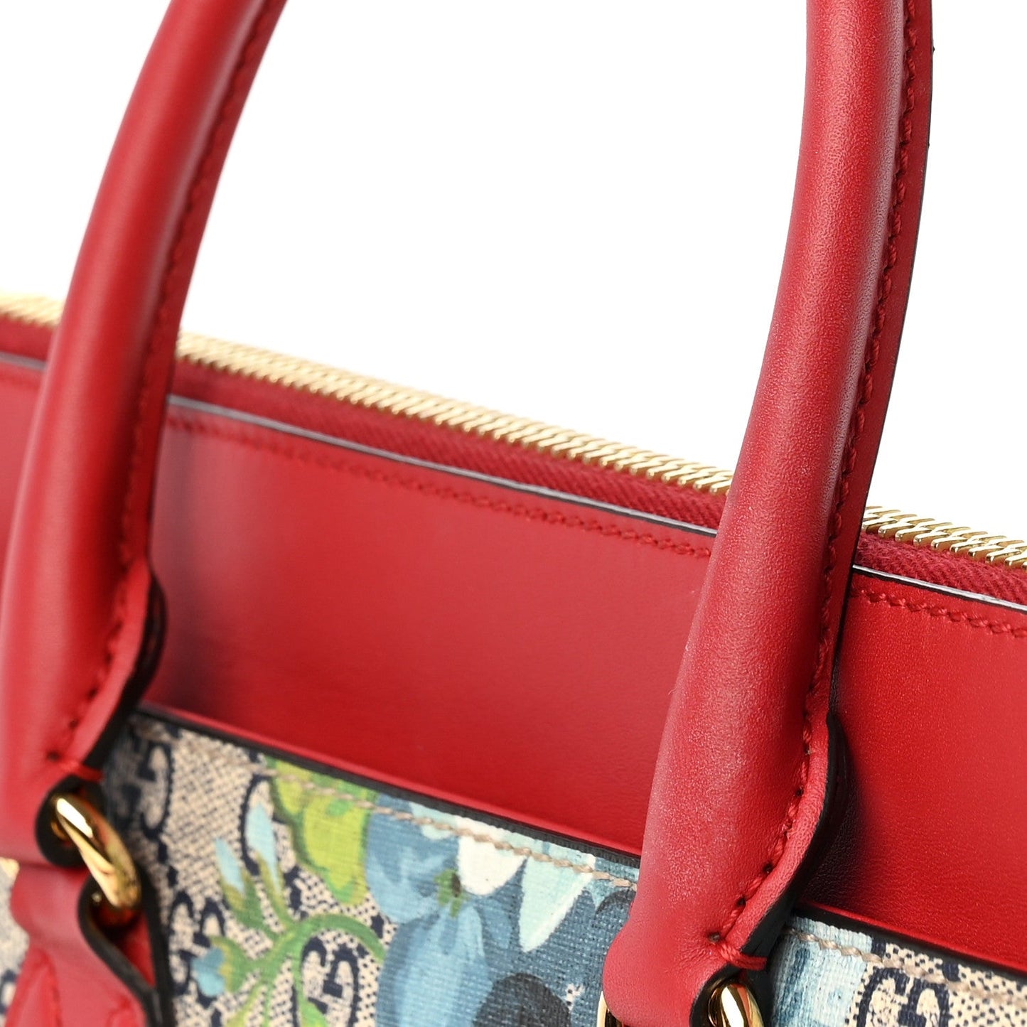 GG Supreme Monogram Blooms Small Zip Top Tote Beige Blue Navy Hibiscus Red