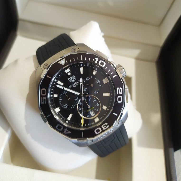 Tag Heuer Carrera Aquaracer Quartz Chronograph Black Dial Black Rubber Strap Watch for Men - CAY111A.FT6041