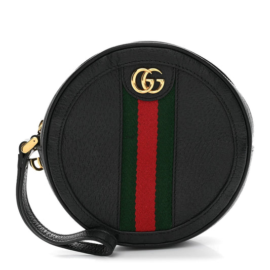 Textured Calfskin Web Ophidia Round Wrist Wallet  Black
