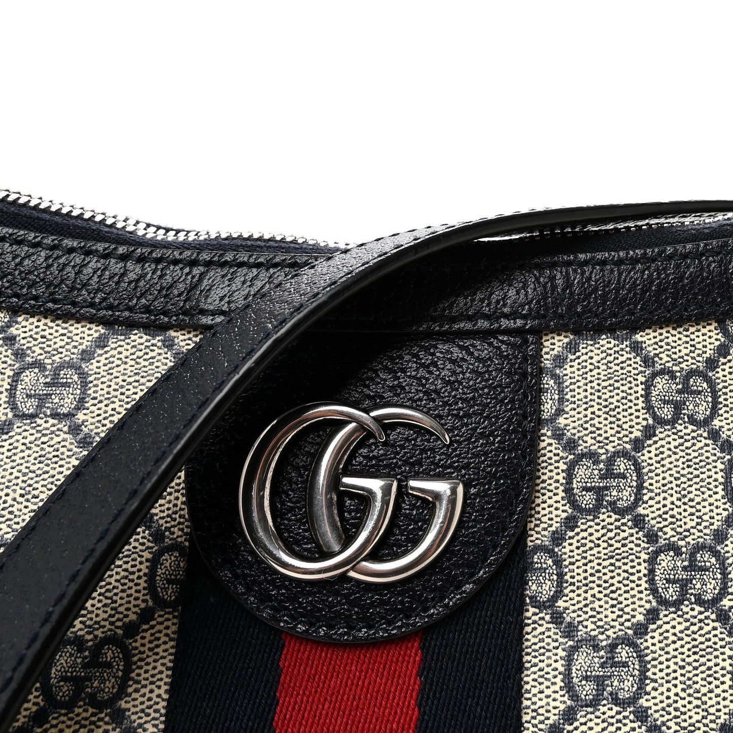 GG Supreme Monogram Textured Dollar Calfskin Web Small Ophidia Half Moon Hobo Beige Blue