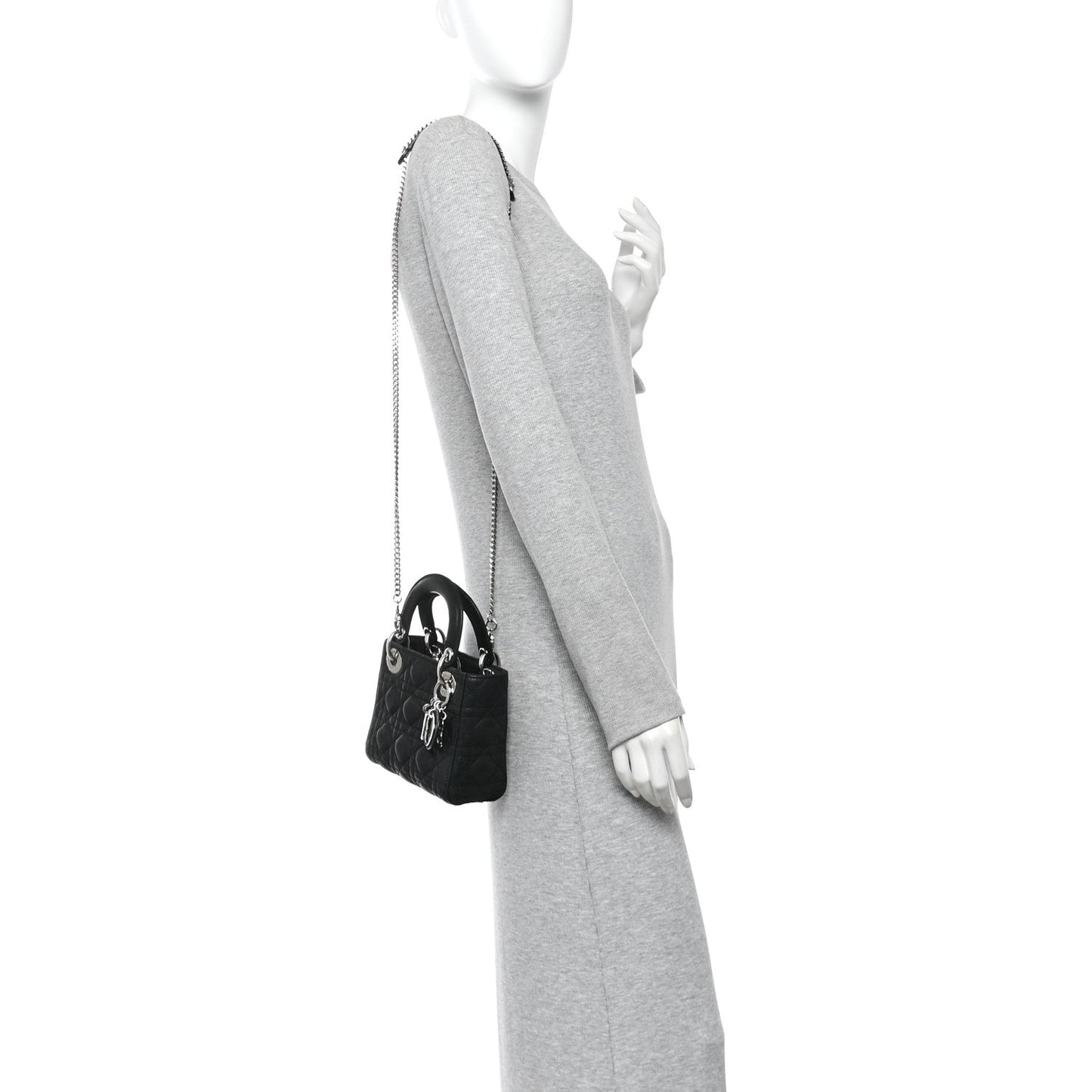 Metallic Calfskin Cannage Mini Lady Dior Black