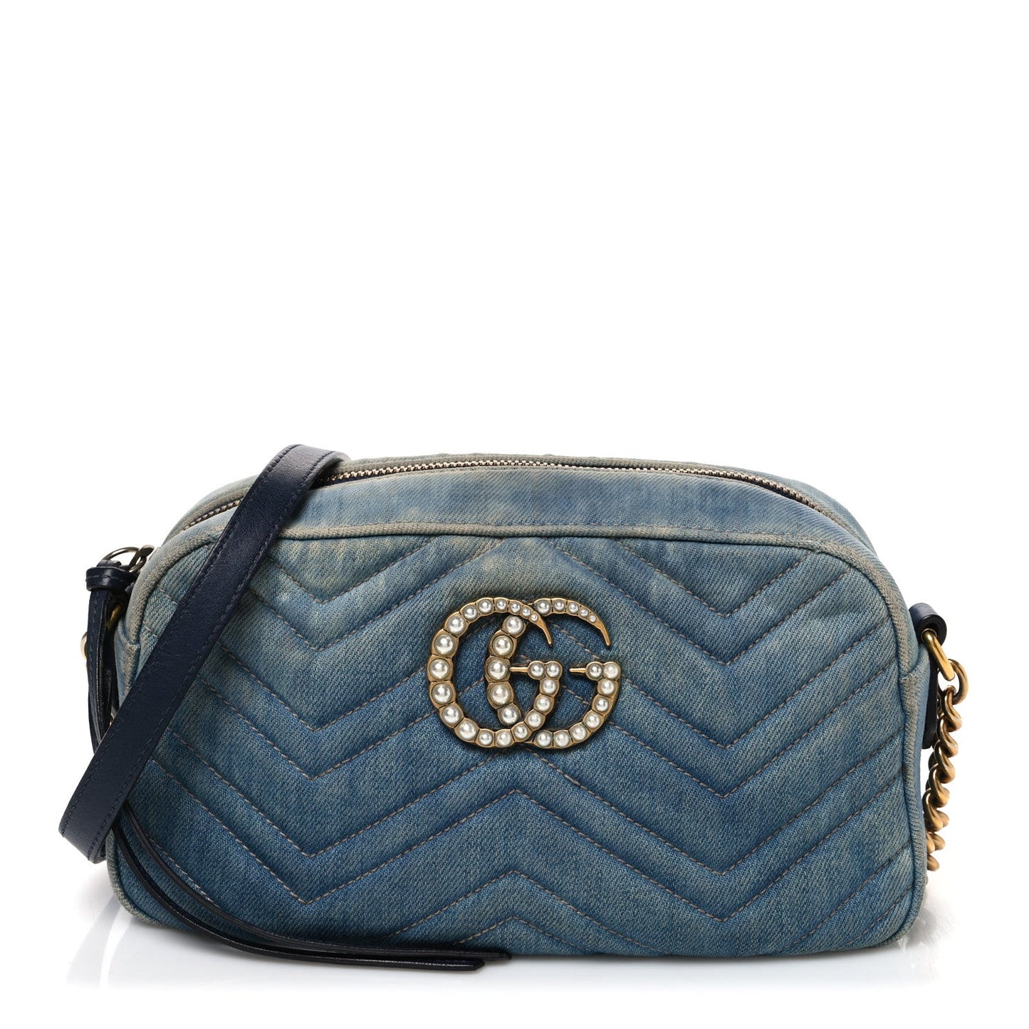 Denim Matelasse Small Pearly GG Marmont Chain Shoulder Bag Blue