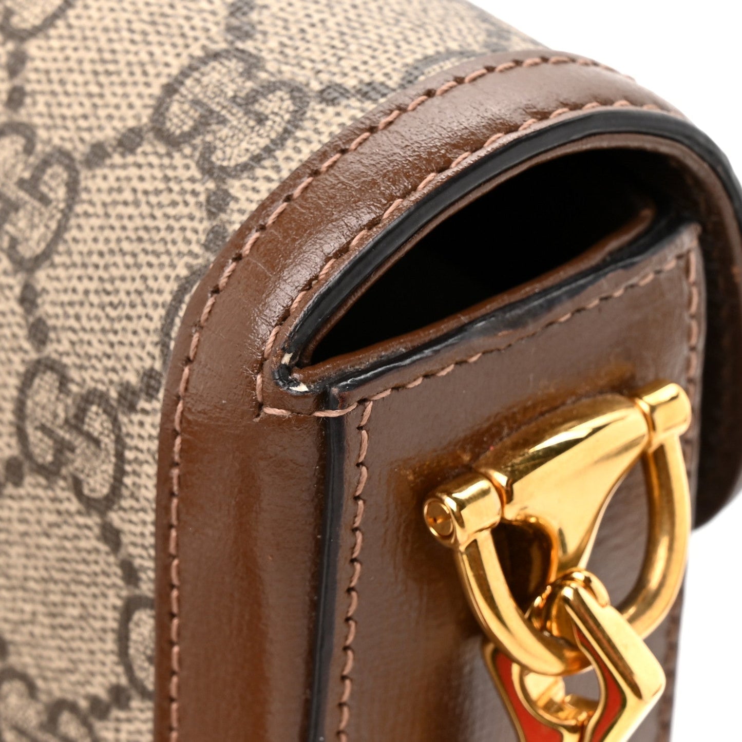 GG Supreme Monogram Azalea Calfskin Web Mini Horsebit 1955 Shoulder Bag Beige Ebony Brown Sugar