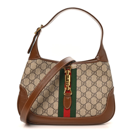 GG Supreme Monogram Azalea Calfskin Web Small Jackie 1961 Hobo Beige Ebony Brown Sugar