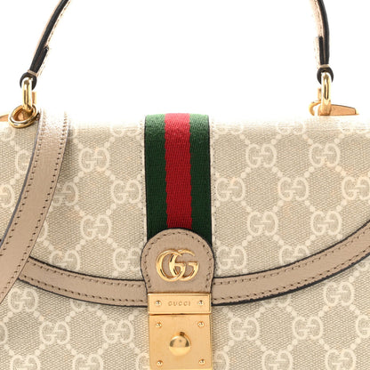 GG Supreme Monogram Textured Dollar Calfskin Web Small Ophidia Padlock Top Handle Bag Beige Mystic White Oatmeal