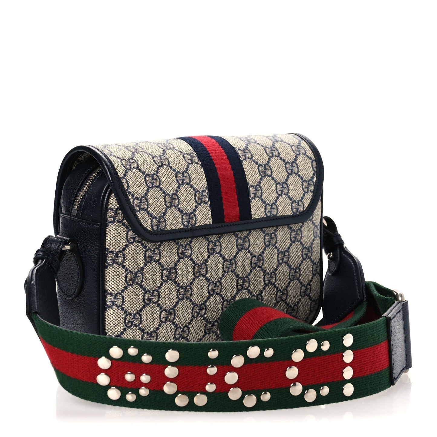 GG Supreme Monogram Textured Dollar Calfskin Web Studded Mini Ophidia Flap Shoulder Bag Beige Blue