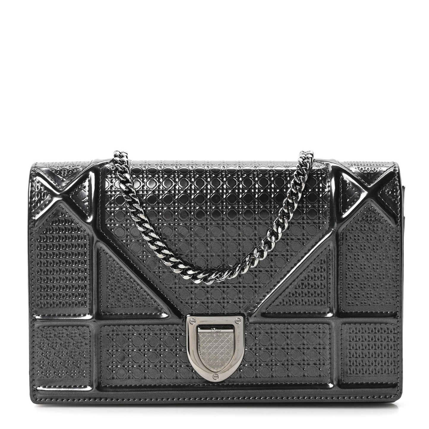 Metallic Patent Micro-Cannage Diorama Wallet on Chain Pouch Onyx Black