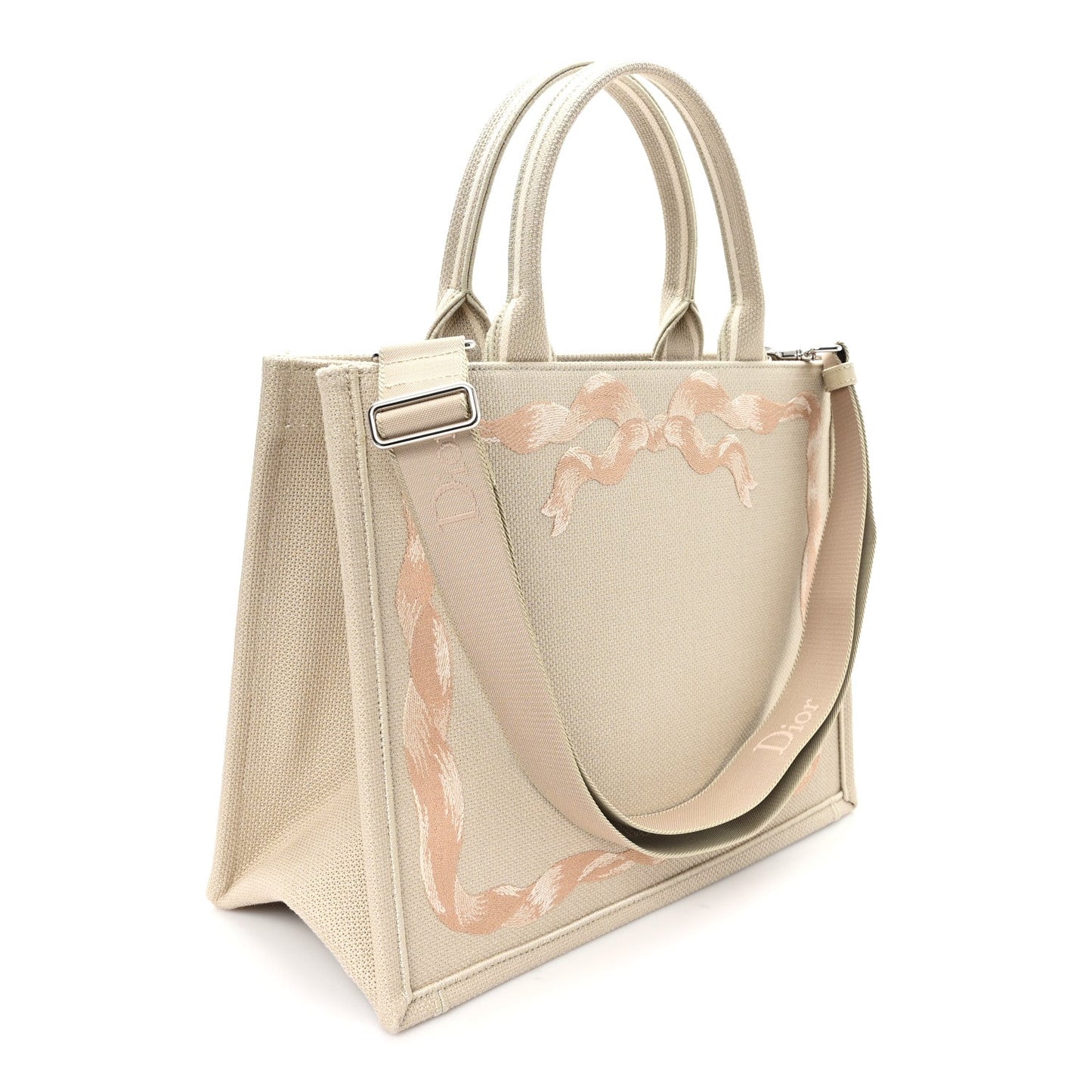 Canvas Embroidered Medium Book Tote With Strap Beige Pink Black