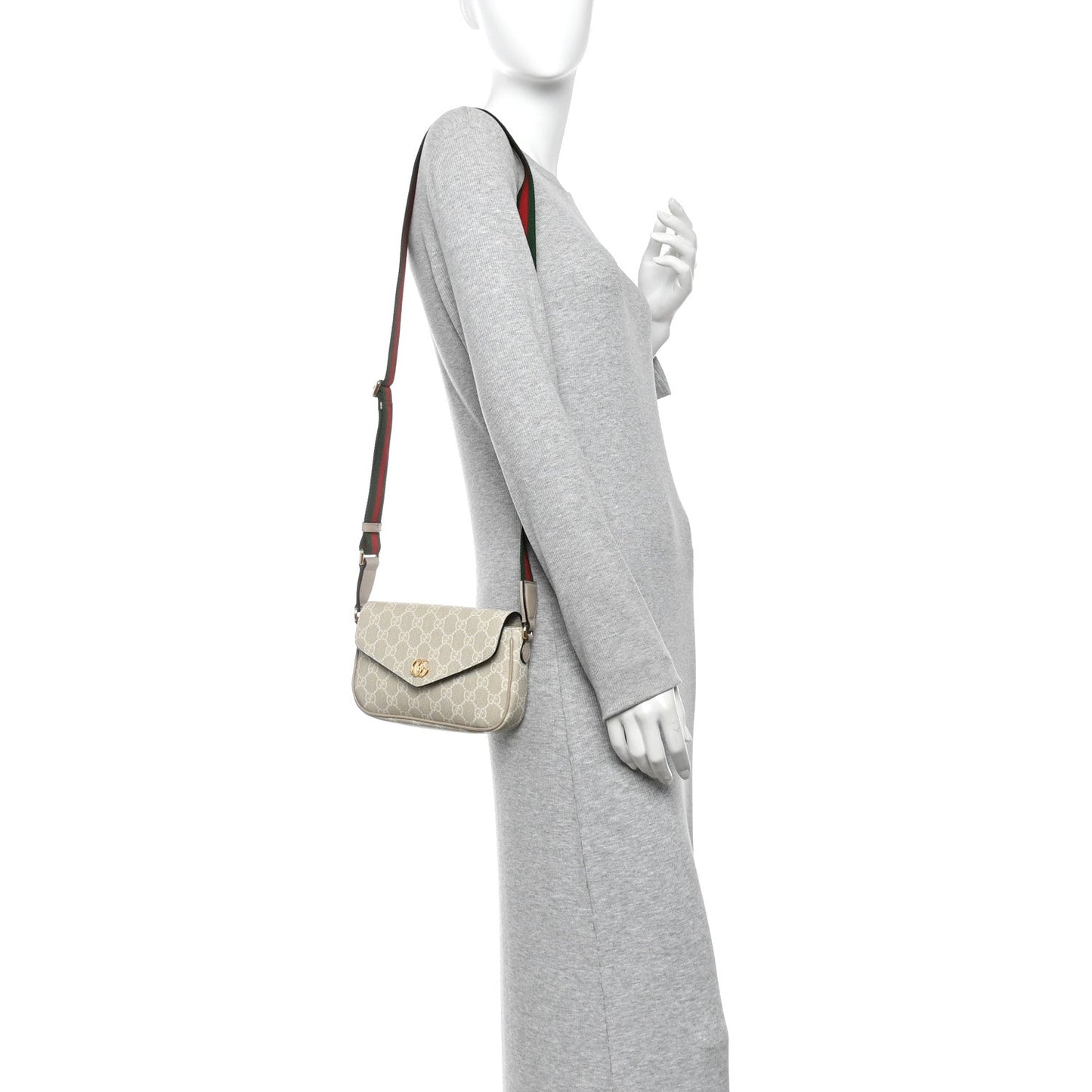 GG Supreme Monogram Textured Dollar Calfskin Web Mini Ophidia Envelope Shoulder Bag Beige Mystic White Oatmeal