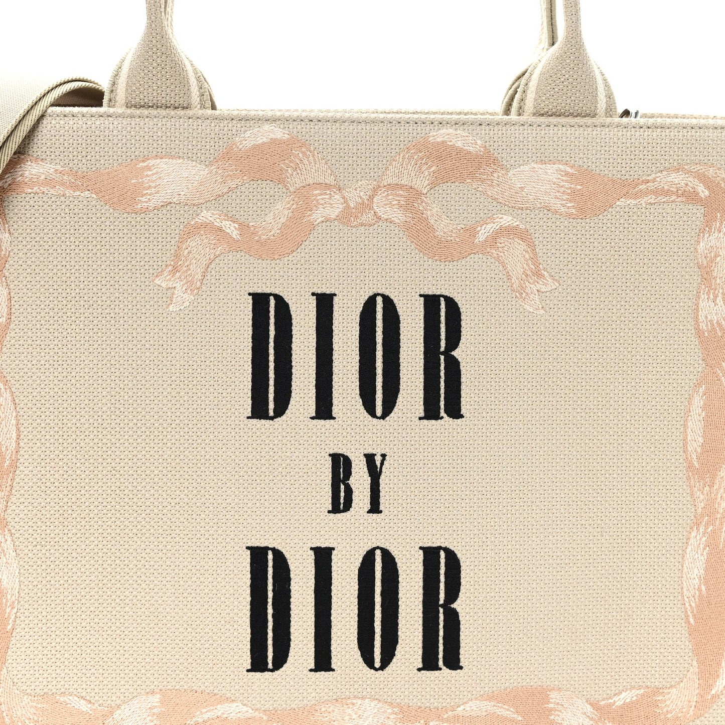 Canvas Embroidered Medium Book Tote With Strap Beige Pink Black