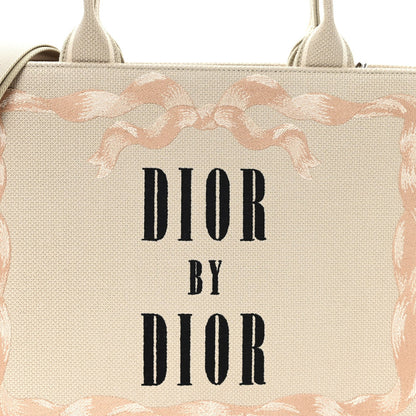 Canvas Embroidered Medium Book Tote With Strap Beige Pink Black