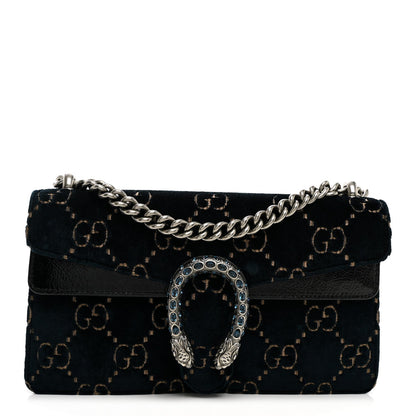 Velvet Skipper Crystal GG Monogram Small Dionysus Shoulder Bag Blue Beige Black