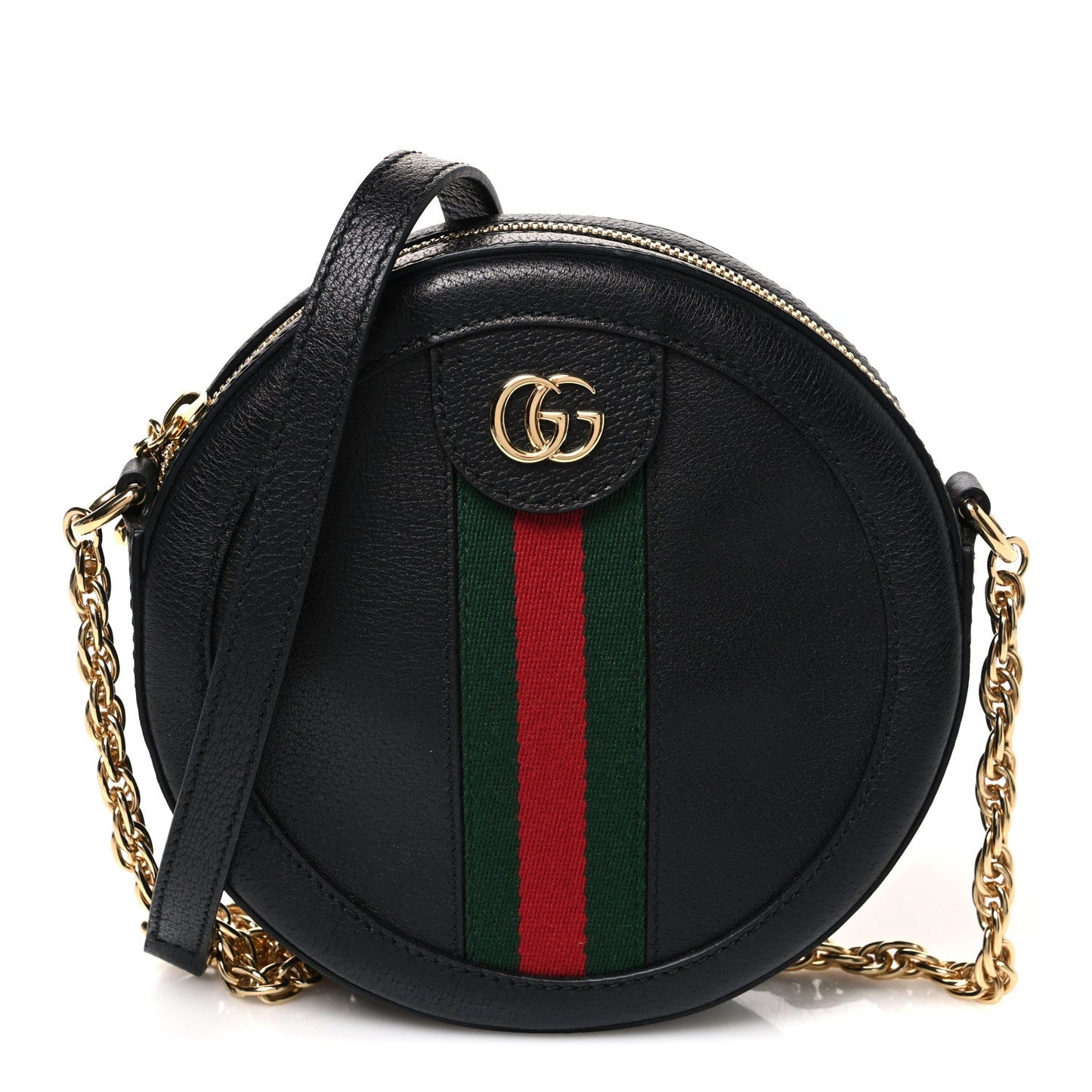 Grained Calfskin Web Mini Ophidia Round Shoulder Bag Black