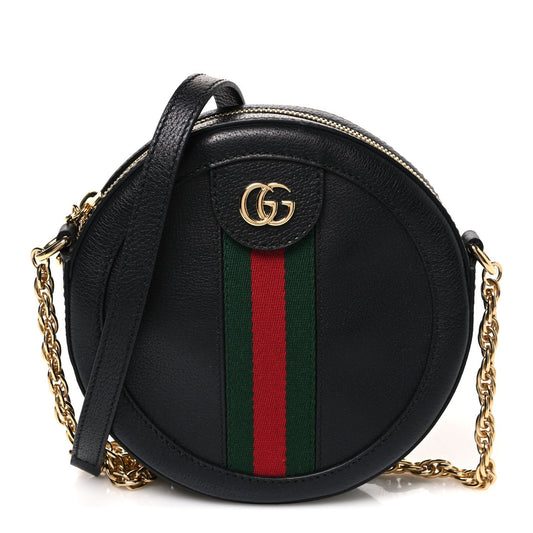 Grained Calfskin Web Mini Ophidia Round Shoulder Bag Black