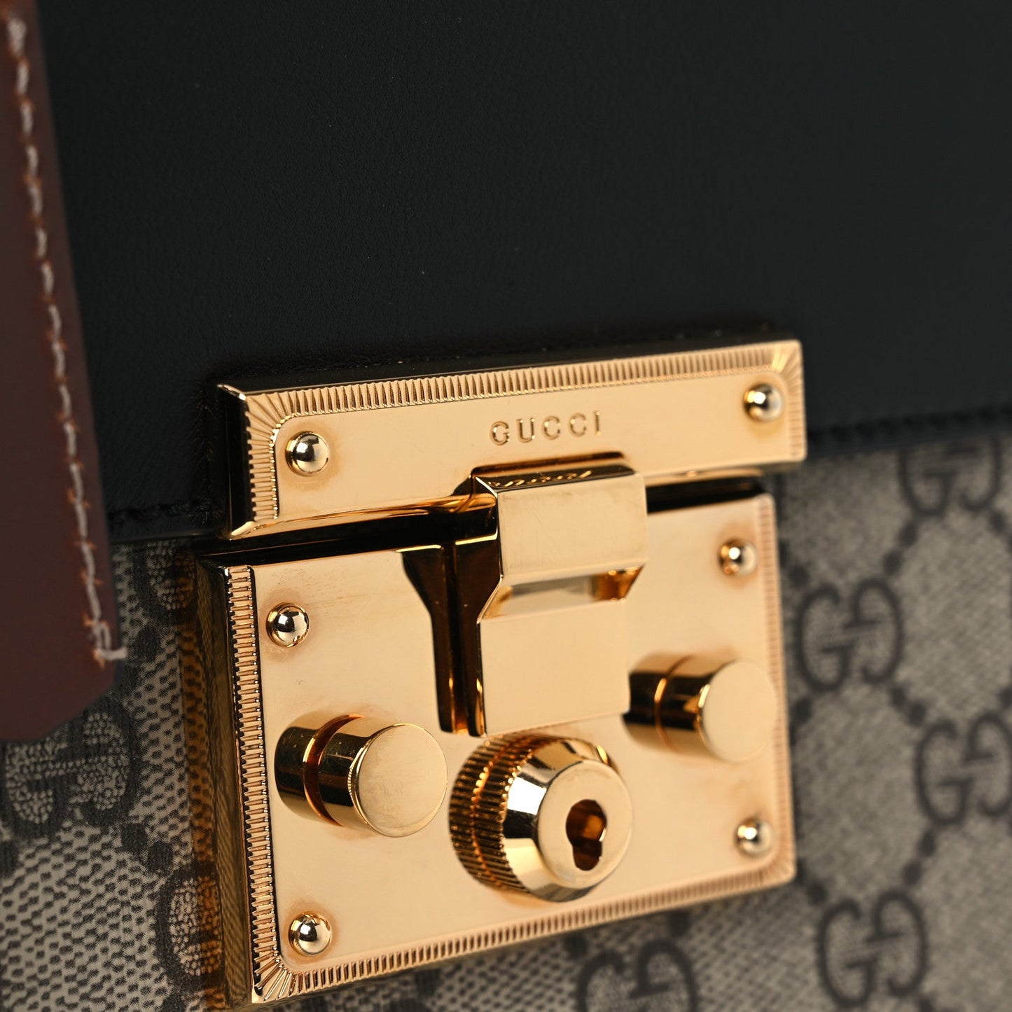 GG Supreme Monogram Calfskin Small Padlock Top Handle Bag Beige Black Cuir