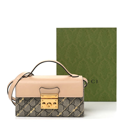 GG Supreme Monogram Calfskin Horsebit Print Mini Padlock Top Handle Shoulder Bag Beige Ebony Light Pink