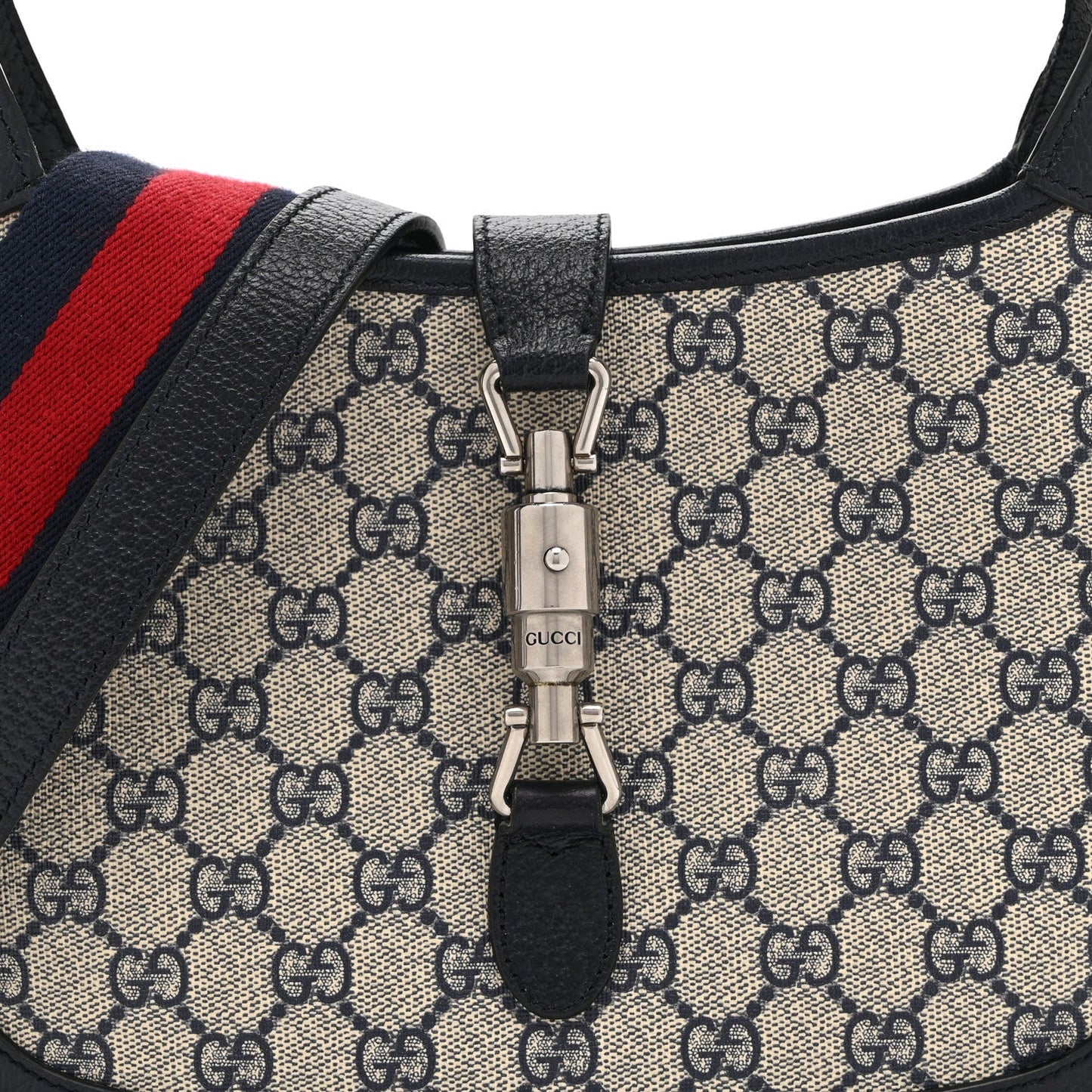 GG Supreme Monogram Textured Dollar Calfskin Web Small Jackie 1961 Hobo Beige Blue