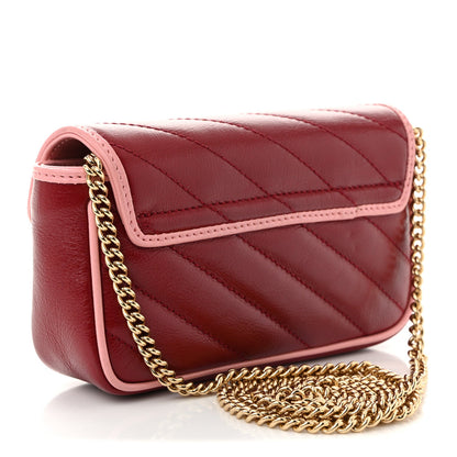 Azalea Calfskin Enamel Matelasse Diagonal Super Mini Torchon GG Marmont Shoulder Bag New Cherry Red Wild Rose