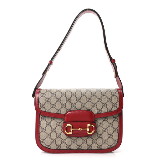 GG Supreme Monogram Azalea Calfskin Horsebit 1955 Shoulder Bag Beige Ebony New Cherry Red