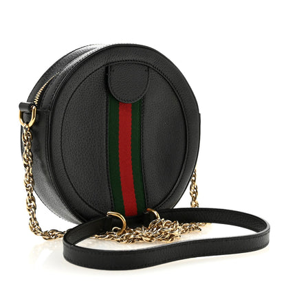 Grained Calfskin Web Mini Ophidia Round Shoulder Bag Black
