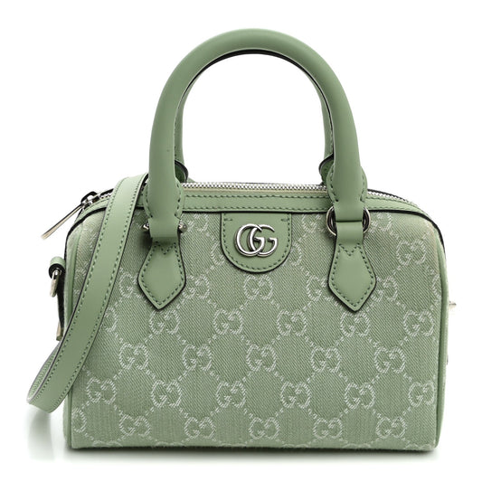 Denim GG Monogram Calfskin Mini Ophidia Top Handle Bag Pale Green