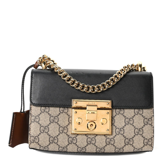 GG Supreme Monogram Calfskin Small Padlock Shoulder Bag Beige Black Cuir