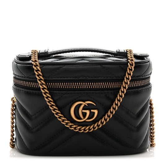 Calfskin Matelasse Chevron Mini GG Marmont Top Handle Bag Black