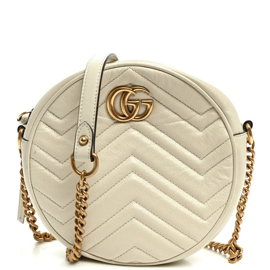 Calfskin Matelasse Mini GG Marmont Round Shoulder Bag White White