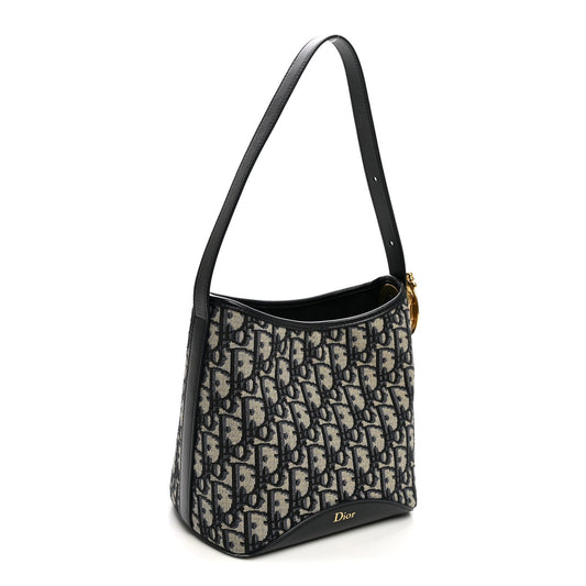 Oblique Calfskin Small Medaillon Bucket Bag Blue