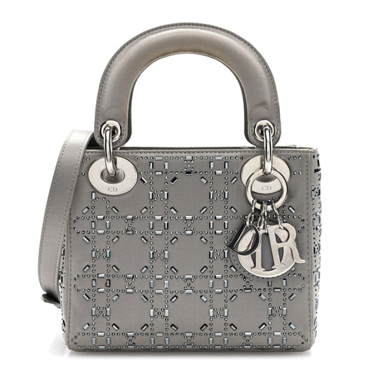 Satin Crystal Cannage Mini Lady Dior Gray