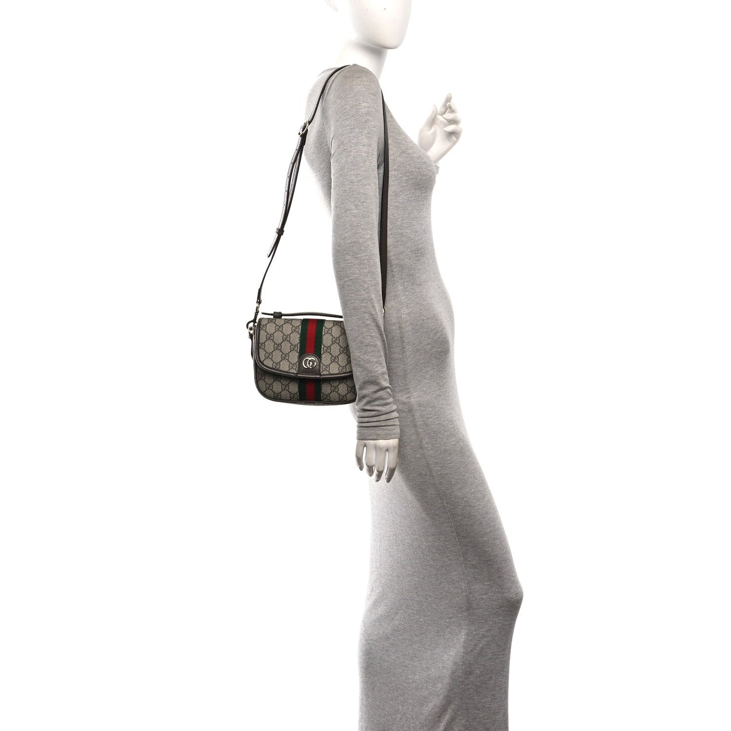 GG Supreme Monogram Textured Dollar Calfskin Small Ophidia Top Handle Shoulder Bag Beige Brown