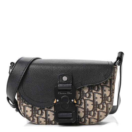 Grained Calfskin Oblique Mini Saddle Messenger Bag With Flap Beige Black