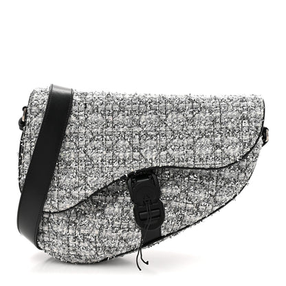 Tweed Saddle Crossbody Bag Black Silver