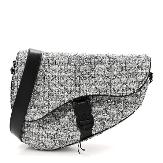Tweed Saddle Crossbody Bag Black Silver