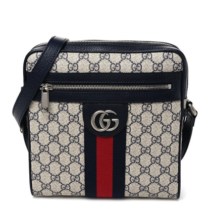GG Supreme Monogram Textured Dollar Calfskin Web Small Ophidia Messenger Bag Beige Blue
