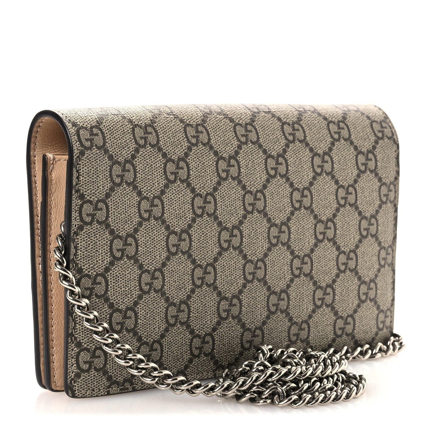 GG Supreme Monogram Textured Dollar Calfskin Mini GG Marmont Chain Wallet Souffle Rose