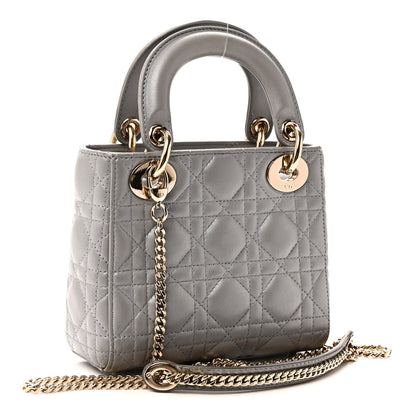 Metallic Lambskin Cannage Mini Lady Dior Grey