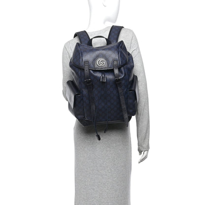GG Supreme Monogram Textured Dollar Calfskin Medium Ophidia Double Buckle Backpack Blue Dark Blue Black