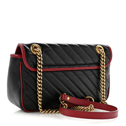 Vintage Effect Calfskin Matelasse Diagonal Small Torchon GG Marmont Shoulder Bag Black Romantic Cherry