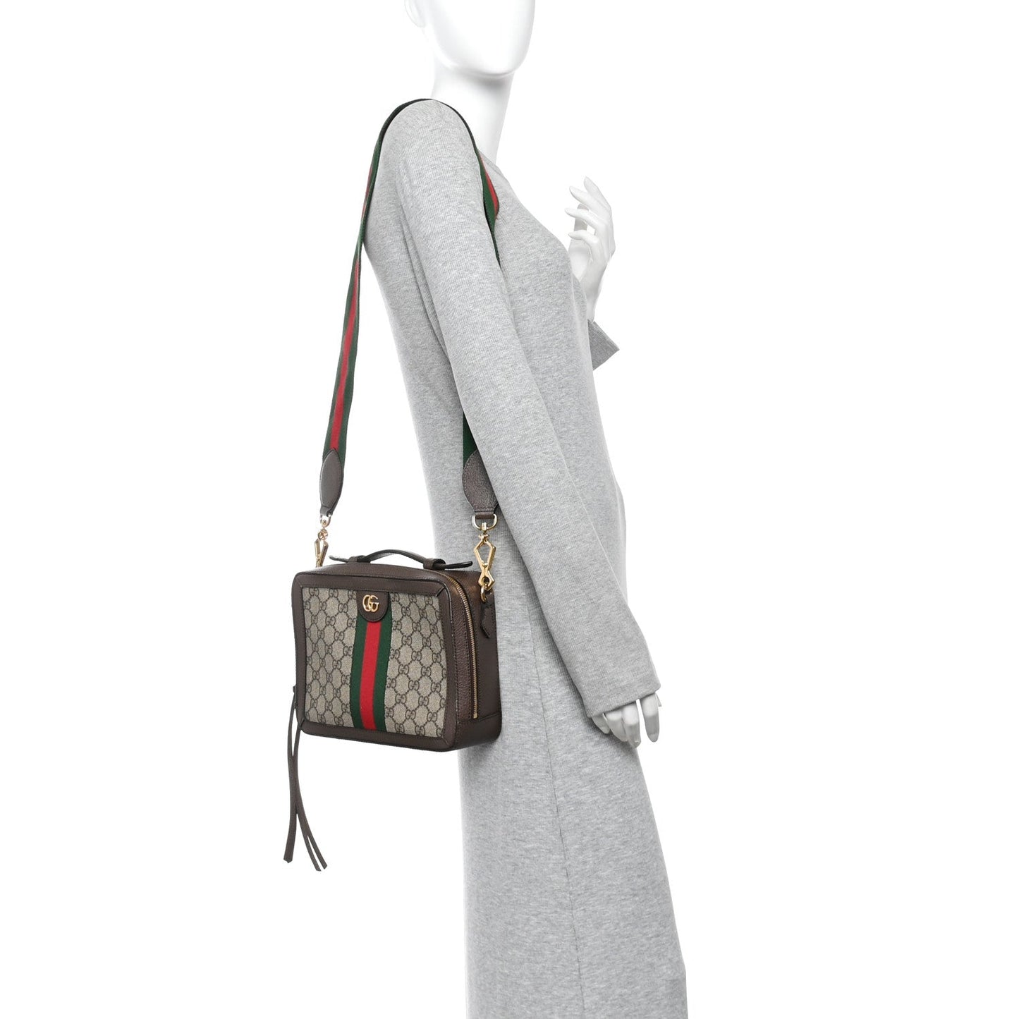 GG Supreme Monogram Web Small Ophidia Top Handle Shoulder Bag Brown